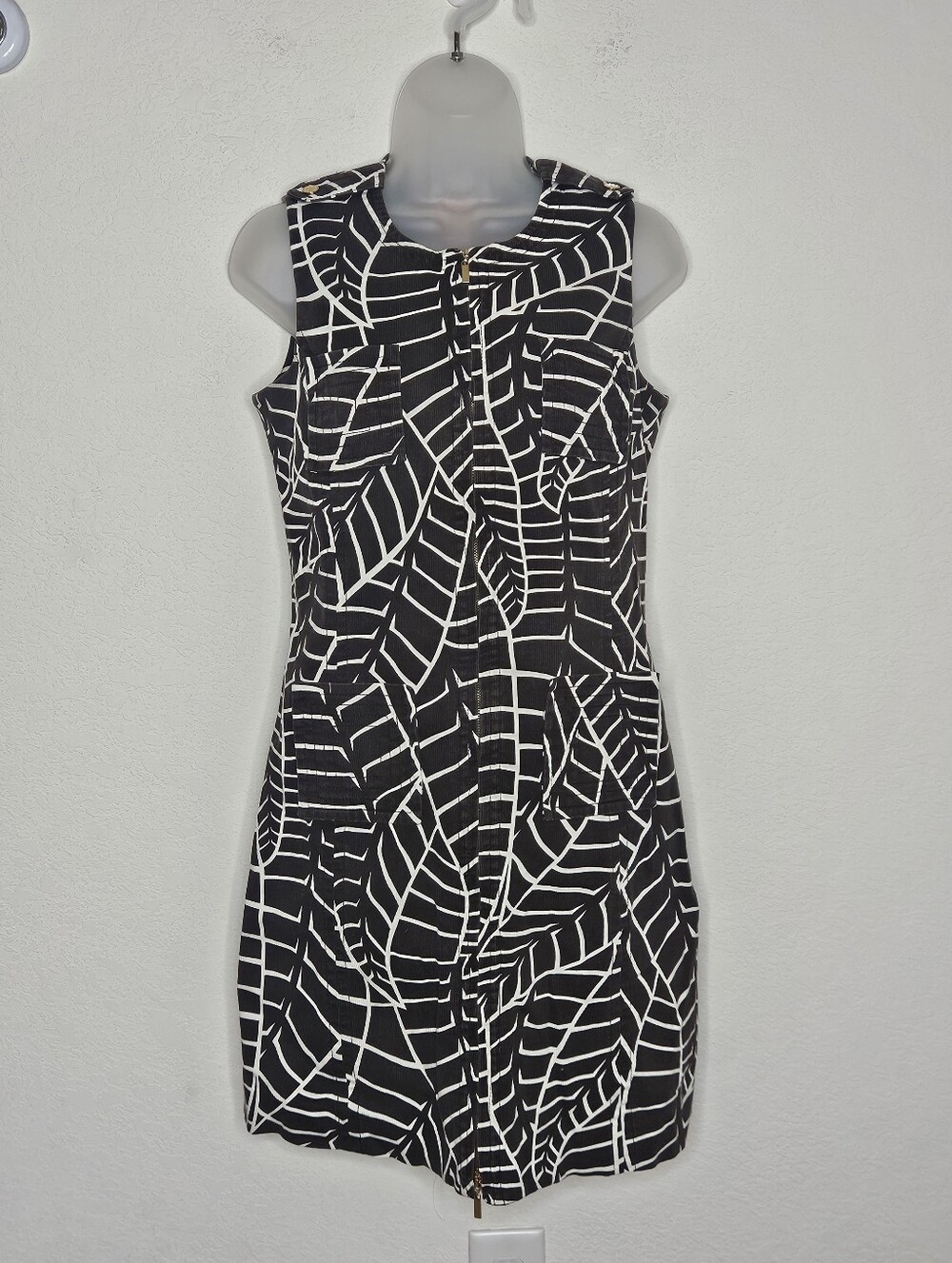Tory Burch Brown & White Printed Zip Front Shift Dress Leaf Corduroy Size 6